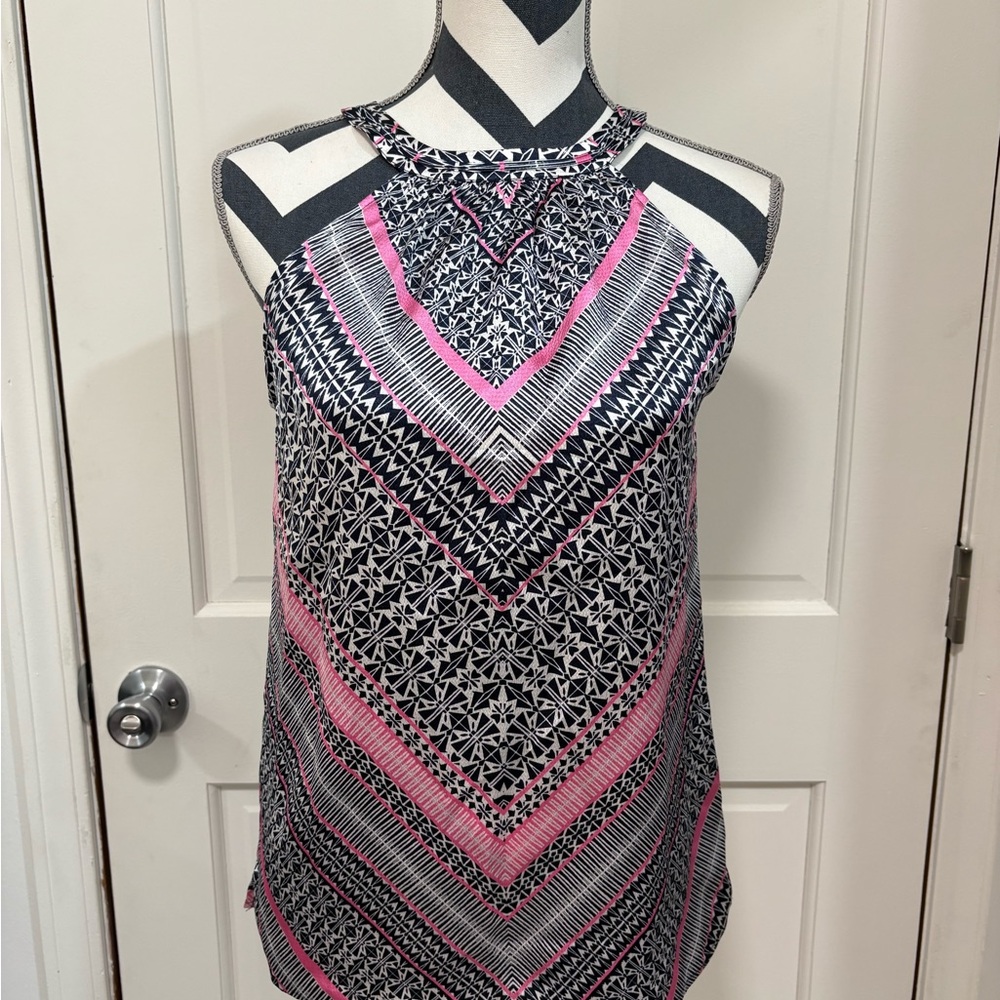 The Limited Y2K Halter Top Silky Navy Pink Tie Back Tassels Geometric Print XS